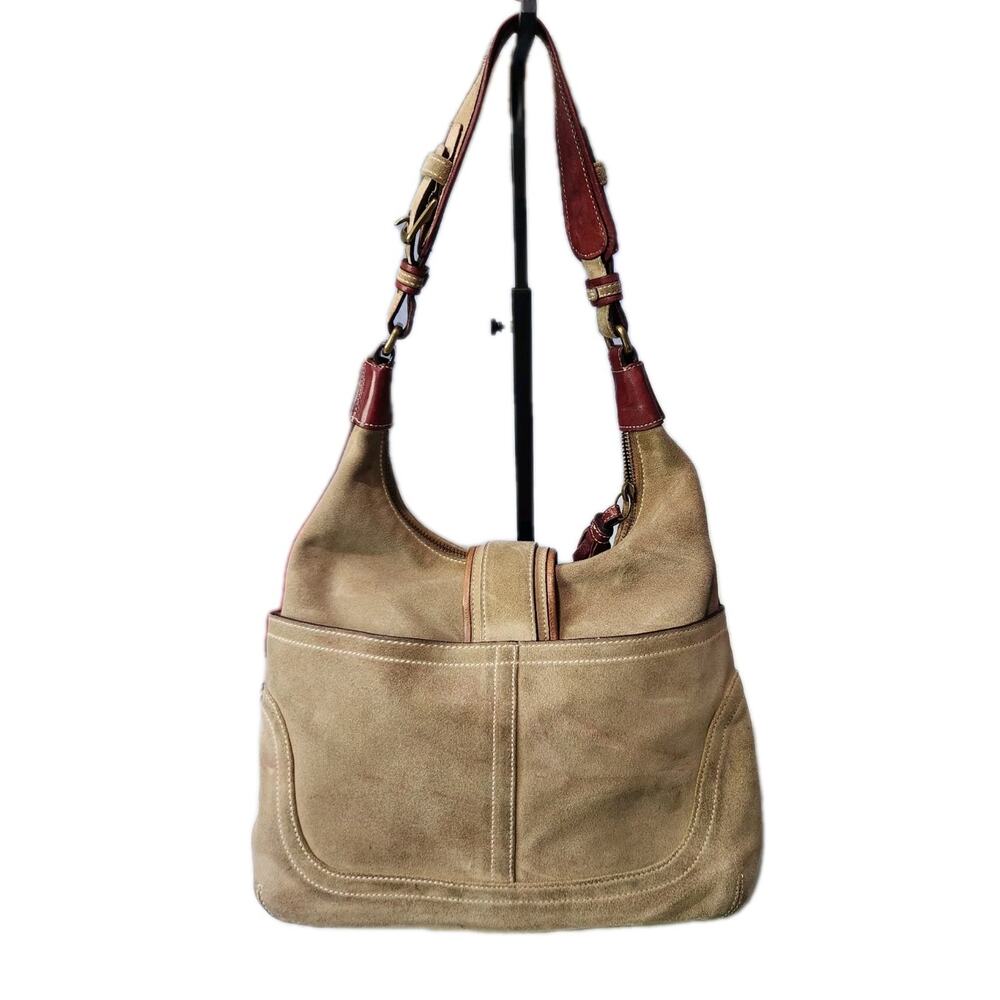 Vintage Coach Hamilton Hobo Shoulder Bag Suede Beige / Burgundy 705S-7472 - Picture 2 of 13